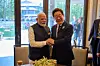 President Lee Jae Myung, right, shakes hands with Indian Prime Minister Narendra Modi ahead of their first summit on the sidelines of the Group of 7 summit in Canada on June 17, 2025. [JOINT PRESS CORPS]