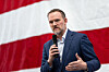 U.S. Trade Representative Jamieson Greer speaks during a tour of Atomic Industries' manufacturing facility in Warren, Michigan, on April 9. [AP/YONHAP]