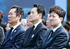 Democratic Party leader Jung Chung-rae, left, People Power Party leader Jang Dong-hyeok, center, and Reform Party leader Lee Jun-seok listen to President Lee Jae Myung’s commemorative remarks at the 11th West Sea Defense Day ceremony at Daejeon National Cemetery on March 27. [NEWS1]
