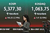 The closing values of the Kospi and Kosdaq indexes on April 3 are displayed on a screen in Hana Bank's trading room in central Seoul. [YONHAP]