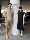 Musical actors Son Jun-ho, left, and Kim So-hyun pose for a photo in front of a polling station sign in Hannam-dong in Yongsan District, central Seoul, on June 3. [SCREEN CAPTURE]