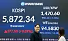 An electronic display board shows Korea’s market at Woori Bank’s trading room in central Seoul on April 8. That day, the market rallied, with the Kospi surging 6.87 percent to 5,872.34 as investors were relieved by the conditional two-week cease-fire of the Middle East conflict, during which shipping traffic is allowed through the Strait of Hormuz. [NEWS1]