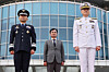 Gen. Jin Yong-sung, left, Defense Minister Ahn Gyu-back, center, and retiring Adm. Kim Myung-soo attend a ceremony marking Jin's inauguration as the chairman of the Joint Chiefs of Staff in Seoul on Sept. 30, 2025. [YONHAP]
