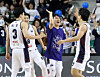 Busan KCC players celebrate after securing a win over Wonju DB in Game 1 of the KBL quarterfinal playoffs at Wonju DB Promy Arena in Wonju, Gangwon, on April 13. [YONHAP]