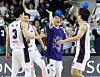 Busan KCC players celebrate after securing a win over Wonju DB in Game 1 of the KBL quarterfinal playoffs at Wonju DB Promy Arena in Wonju, Gangwon, on April 13. [YONHAP]