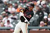 San Francisco Giants right fielder Lee Jung-hoo hits a double against the Miami Marlins during the fourth inning at Oracle Park on April 25. [REUTERS/YONHAP]