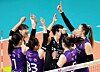The Heungkuk Life Insurance Pink Spiders celebrate during a V League match against the GS Caltex Seoul Kixx at Jangchung Arena in central Seoul on March 24. [NEWS1]