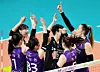 The Heungkuk Life Insurance Pink Spiders celebrate during a V League match against the GS Caltex Seoul Kixx at Jangchung Arena in central Seoul on March 24. [NEWS1]