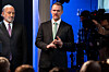 U.S. Trade Representative Jamieson Greer, center, speaks alongside Commerce Secretary Howard Lutnick during a press conference with U.S. President Trump about the Supreme Court's striking down of most of Trump's tariffs in the briefing room at the White House in Washington on Feb. 20. [EPA/YONHAP]