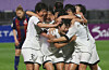 North Korean football players of Naegohyang Women's FC celebrate after scoring a goal in a 2-1 win over Suwon FC Women to advance to the final of the AFC Women's Champions League at Suwon Sports Complex in Suwon on May 20. [YONHAP]