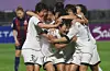 North Korean football players of Naegohyang Women's FC celebrate after scoring a goal in a 2-1 win over Suwon FC Women to advance to the final of the AFC Women's Champions League at Suwon Sports Complex in Suwon on May 20. [YONHAP]