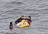 Coast Guard officers rescue a pet dog that fell into the sea near Sojeongbang Falls in Seogwipo, Jeju, on May 27. [SEOGWIPO COAST GUARD]