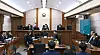 Former Prime Minister Han Duck-soo, far right, listens as judges sentence him to 15 years in prison at the Seoul High Court in Seocho District, southern Seoul, on May 7, 2026. [SEOUL HIGH COURT]