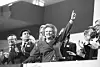 Then-British Prime Minister Margaret Thatcher points skyward as she receives a standing ovation at the Conservative Party Conference in this October 13, 1989, file photo. [REUTERS/YONHAP]