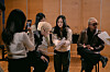 Maria Teresa Dyani, center, talks with Zayyan, left, an Indonesian member of K-pop boy band Xodiac, and Pamungkas, right, an Indonesian indie singer, during a shoot for KBS Indonesia's YouTube channel. [HARISMAN SATRIA]