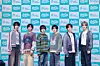 Boy band KickFlip poses for photos during a press showcase for its fourth EP, ″My First Kick,″ held at Yes24 Live Hall in eastern Seoul on April 6. [JYP ENTERTAINMENT]