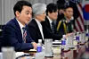 Korean Minister of National Defense Ahn Gyu-back, far left, delivers opening remarks during a bilateral meeting hosted by U.S. Secretary of War Pete Hegseth at the Pentagon in Washington on May 11. [GETTY IMAGES/YONHAP]