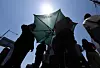People wait for a traffic signal while shielding themselves from the sun at the Gwanghwamun intersection in Jongno District, central Seoul, on May 29, as early summer weather sets in. [NEWS1]