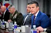 U.S. Secretary of War Pete Hegseth, far right, delivers opening remarks during a bilateral meeting with Korean Minister of National Defense Ahn Gyu-back at the Pentagon in Washington on May 11. [GETTY IMAGES/YONHAP]