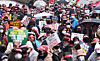 Investors protesting against Hong Kong Hang Seng Index ELS products hold a rally in front of KB Kookmin Bank’s headquarters in Yeouido, western Seoul, on March 29, 2024. [YONHAP].