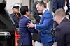 U.S. Defense Secretary Pete Hegseth, right, welcomes Korea's Defense Minister Ahn Gyu-back during a ceremony at the Pentagon in Washington on May 11. [AP/YONHAP]