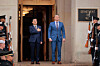 U.S. Secretary of War Pete Hegseth, right, hosts Korean Defense Minister Ahn Gyu-back for an honor cordon ceremony at the Pentagon in Washington on May 11. [GETTY IMAGES/YONHAP]