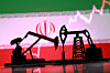 3-D-printed oil pump jacks, with the Iranian flag and a rising stock graph in the background, appear in this photo taken March 2. [REUTERS/YONHAP]