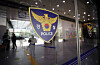 The police logo is seen on a door at a police station. [YONHAP]