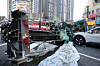 A drilling rig lies overturned at an underground passage construction site near the Manchon Intersection in Suseong District, Daegu, on March 4 after an accident that injured three people, including a taxi driver and a passenger. [NEWS1]