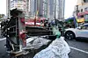 A drilling rig lies overturned at an underground passage construction site near the Manchon Intersection in Suseong District, Daegu, on March 4 after an accident that injured three people, including a taxi driver and a passenger. [NEWS1]