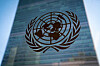 The symbol of the United Nations is displayed outside the Secretariat Building on Feb. 28, 2022, at the United Nations Headquarters in New York. [AP/YONHAP]