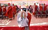 Humanoid robot G1 “Gabi” presses its palms together during a robot ordination ceremony at Jogye Temple in Jongno District, central Seoul, on May 6. [KANG JUNG-HYUN]
