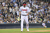 LG Twins starter Lachlan Wells reacts enthusiastically after finishing an inning during a game against the Lotte Giants on April 15. [YONHAP]