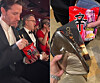 Left: Chris Appelhans eats Shin Ramyun raw during the Oscars on March 15. Right: His wife, author Maureen Goo, holds up an Oscars invitation ticket alongside a packet of Shin Ramyun. [SCREEN CAPTURE]