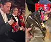 Left: Chris Appelhans eats Shin Ramyun raw during the Oscars on March 15. Right: His wife, author Maureen Goo, holds up an Oscars invitation ticket alongside a packet of Shin Ramyun. [SCREEN CAPTURE]