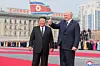A welcoming ceremony for Belarusian President Alexander Lukashenko, left, who paid an official visit to North Korea at the invitation of State Affairs Commission Chairman Kim Jong-un, is held at Kim Il Sung Square in Pyongyang on March 25, as reported by the North’s state-run Korean Central News Agency on March 26. [KOREAN CENTRAL NEWS AGENCY/YONHAP]