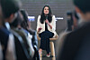 Madison Huang, the senior director of product marketing for Nvidia Omniverse and daughter of Nvidia CEO Jensen Huang, delivers a lecture on women's leadership in the AI era at Seoul National University in Gwanak District, southern Seoul, on April 28. [YONHAP]