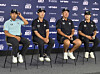 Members of the Korean Golf Club in LIV Golf attend a press conference ahead of LIV Golf Korea at the Asiad Country Club in the southeastern city of Busan on May 26. From left: Mun Do-yeob, Song Young-han, An Byeong-hun and Kim Min-kyu. [YONHAP]