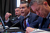 From left, U.S. Under Secretary of Defense Comptroller Jules Hurst, U.S. Secretary of Defense Pete Hegseth and Chairman of the Joint Chiefs of Staff Gen. Dan Caine testify before the Senate Appropriations Committee on the FY2027 budget request in the Dirksen Senate Office Building on Capitol Hill on May 12 in Washington. [AFP/YONHAP]