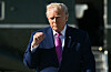 US President Donald Trump gestures after stepping off Marine One at Joint Base Andrews, Maryland on April 10. President Trump is flying to Charlottesville, Virginia to attend a MAGA Inc. meeting and dinner at Trump Winery. [AFP/ YONHAP]
