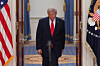 U.S. President Donald Trump arrives to speak about the Iran war from the Cross Hall of the White House on April 1 in Washington. [AP/YONHAP]