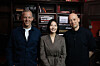Naver CEO Choi Soo-yeon, center, and Spotify co-CEOs Alex Norstrom, right, and Gustav Soderstrom pose for a photo during a meeting in Spotify's headquarters in Stockholm on March 25. [YONHAP]