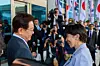 Korean President Lee Jae Myung, left, greets Japanese Prime Minister Sanae Takaichi ahead of their bilateral summit at a hotel in Andong, North Gyeongsang, on May 19. Takaichi is on a two-day visit to Andong, Lee’s hometown. [JOINT PRESS CORPS]