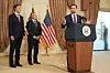 U.S. Vice President JD Vance (R) speaks during a news conference after meeting with representatives from Pakistan and Iran, as U.S. President Donald Trump's son-in-law Jared Kushner (L) and U.S. Special Envoy to the Middle East Steve Witkoff (C) watch, in Islamabad on April 12. Iran and the United States failed to reach an agreement to end the war in the Middle East, U.S. Vice President JD Vance said April 12 after marathon talks in Islamabad, adding that he was leaving negotiations after giving Tehran the ″final and best offer″. [AFP/YONHAP]