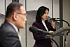 Jeon Eun-su, right, vice presidential spokesperson, speaks during a briefing on President Lee Jae Myung's plan to attend a Group of 20 summit held at the Blue House on Nov. 14, 2025. [YONHAP]