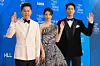 From left, comedian Shin Dong-yup and actors Bae Suzy and Park Bo-gum pose for a photo on the red carpet ahead of the 61st Baeksang Arts Awards at Coex in Gangnam District, southern Seoul, on May 5, 2025. [YONHAP]