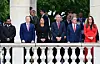 Members of the Cabinet look on as U.S. President Donald Trump delivers remarks during the Memorial Day ceremony on May 25. [YONHAP]