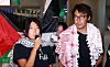 Activists Kim Ah-hyun, left, and Kim Dong-hyeon speak to reporters at Incheon International Airport on May 22, following their release after being captured by Israeli forces aboard Gaza-bound aid ships. [YONHAP]