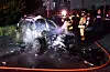 A vehicle is engulfed in flames after a collision on a road in Gwangsan District, Gwangju, at about 3:50 a.m. on Sept. 22, 2024, that occurred while being pursued by a YouTuber known for tracking suspected drunk drivers. [GWANGJU GWANGSAN FIRE STATION]