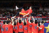 Ulsan Hyundai Mobis Phoebus hoists Ham Ji-hoon in the air at the player's final game of his career on April 8 [YONHAP]